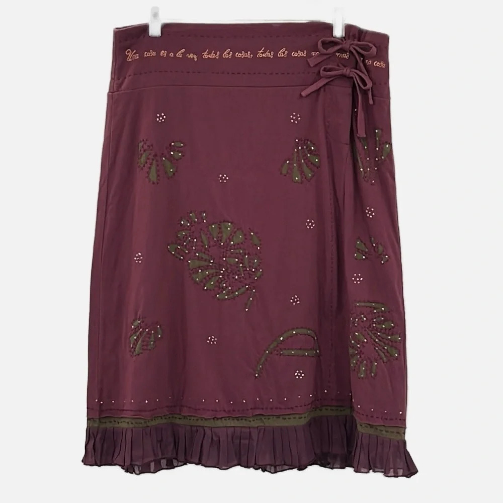 Hoss Homeless Embroidered & Beaded Cotton A Line Skirt in Burgundy - Size XL